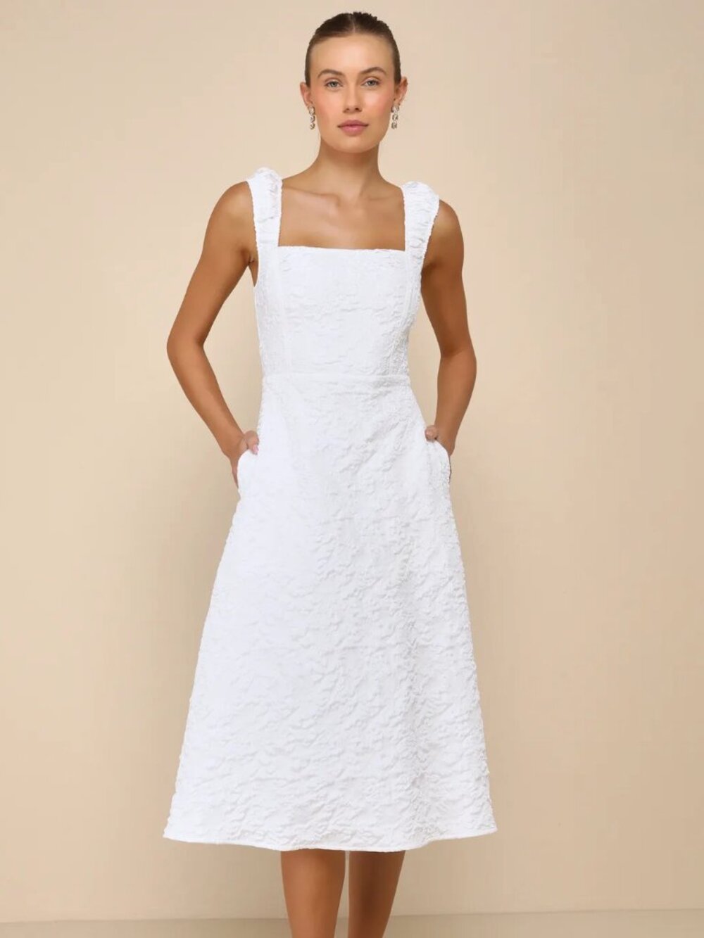 Lulu's White Jacquard Lace-Up Midi Dress with Pockets